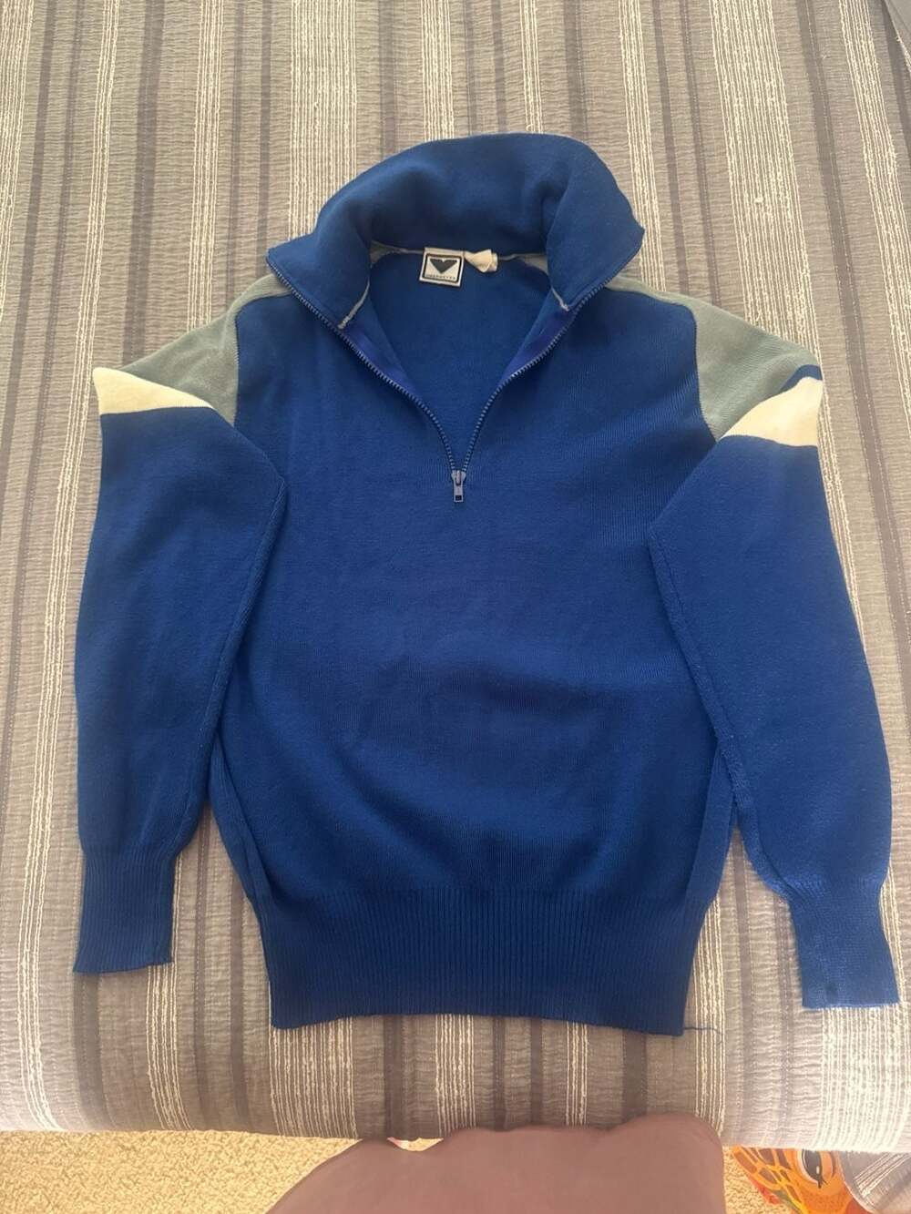 Vintage Obermeyer Essex Men's Quarter Zip Ski Sweater Blue Colorblock Large